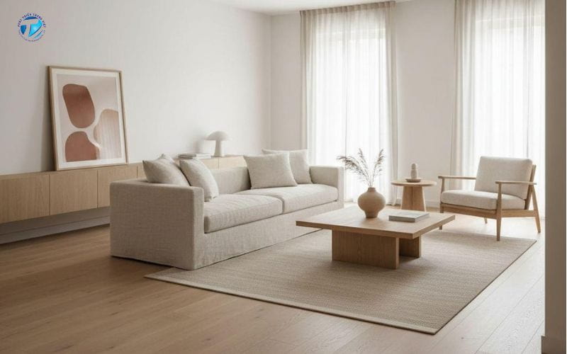 Phòng khách tối giản với gam màu nhẹ nhàng và nội thất tinh gọn
